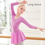 Girls Bowknot Short Sleeve Ballet Dress Gymnastics Leotards Chiffon Skirts for Kids - DancerInn