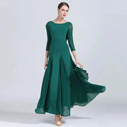 Women Chiffon Yarn V-Back Long Sleeves Party Dress Ball Gown Ballroom Waltz Dress Rumba Dance Costume Stage Dance Wear - DancerInn