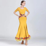 Women Contrast Color Stitching A-line Sweep Short Sleeves Fishbone Hemline Ballroom Dance Wear Tango Dress - DancerInn