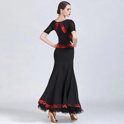 Women Contrast Color Stitching A-line Sweep Short Sleeves Fishbone Hemline Ballroom Dance Wear Tango Dress - DancerInn