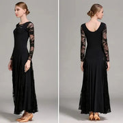 Women Hollow Lace Stitching Boat Neck Long Sleeves Waltz Dress Standard Ballroom Dance Costume Ball Dress Dance Clothes - DancerInn