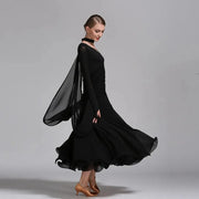 Women Neck Piece Flying Yarn Long Sleeves White Ballroom Dress Party Dress Waltz Rumba Costume Dance Clothing - DancerInn