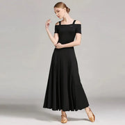 Women Off-Shoulder Hidden Zipper Short Sleeves Long Ballroom Dress Party Dress Spanish Dance Costume Ball Gown YL9003 - DancerInn