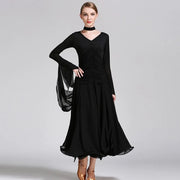 Women Neck Piece Flying Yarn Long Sleeves White Ballroom Dress Party Dress Waltz Rumba Costume Dance Clothing - DancerInn