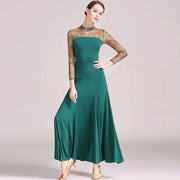 Women Big A Hemline Slim-fitting Pattern Gauze Long Sleeves Standard Ballroom Dress Waltz Tango Dance Costumes - DancerInn