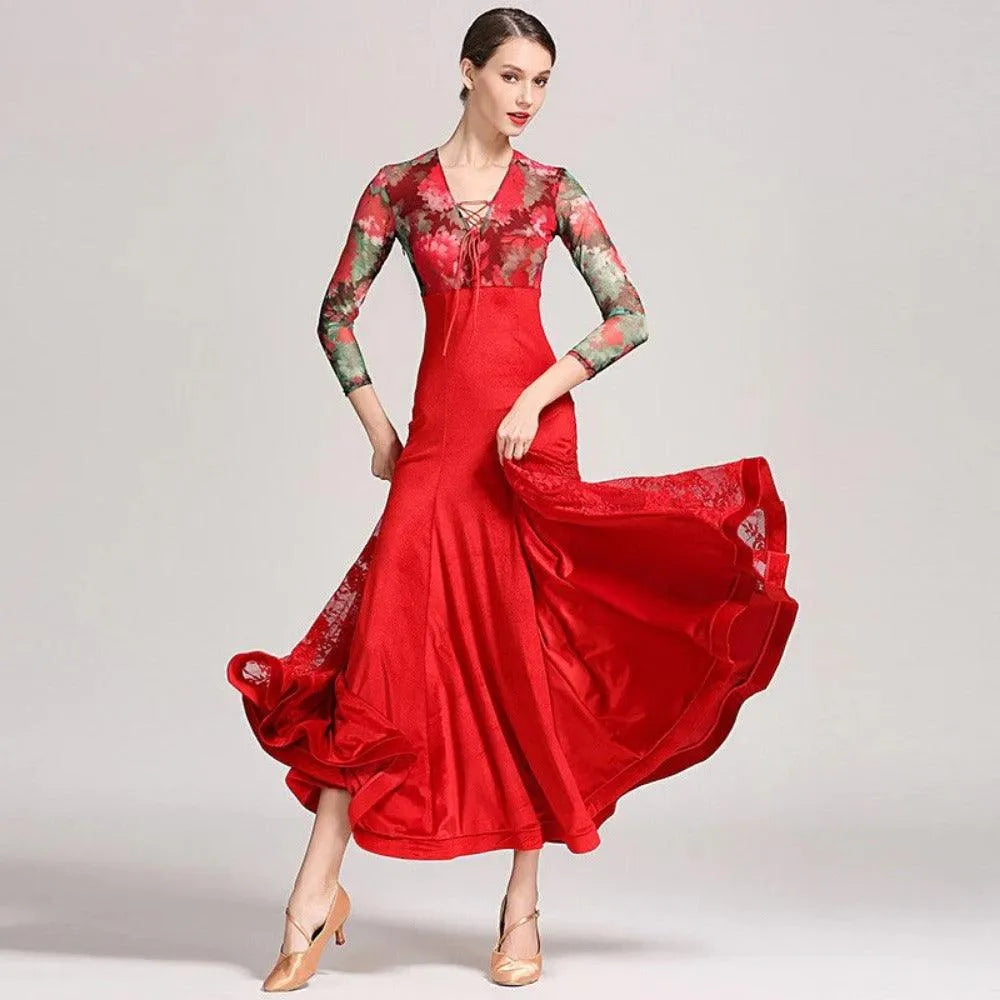 Dancel's Inn Red Velvet Prom Dress, See Through, Red Floral Prom Dress | DancerInn