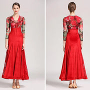 Women Velvet See-through Rose Flower Waltzing Tango Dancing Dresses Ballroom Costume Evening Party Dress - DancerInn