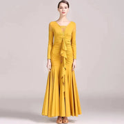 Women Lace Swallow-tailed Stitching Long Sleeves Standard Ballroom Dress Tango Costume Flamenco Dance Dresses Ball Gown - DancerInn