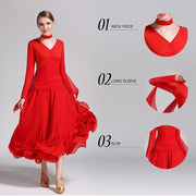 Women Neck Piece Flying Yarn Long Sleeves White Ballroom Dress Party Dress Waltz Rumba Costume Dance Clothing - DancerInn