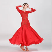 Women Hollow Lace Stitching V-Neck Ballroom Waltz Rumba Dresses Spanish Flamenco Dance Costumes - DancerInn