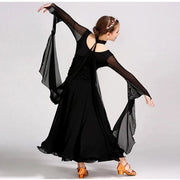 Kids Long Sleeve Romantic Floating Yarn Ballroom Dress Modern Dance Ballroom Dance Competition Dresses for Girls - DancerInn
