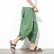 Men Japanese Vintage Striped Baggy Cotton Harem Wide Leg Hip Hop Capri Pants - DancerInn
