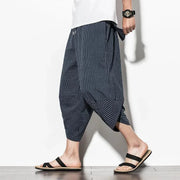 Men Japanese Vintage Striped Baggy Cotton Harem Wide Leg Hip Hop Capri Pants - DancerInn