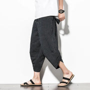 Men Japanese Vintage Striped Baggy Cotton Harem Wide Leg Hip Hop Capri Pants - DancerInn