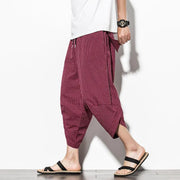 Men Japanese Vintage Striped Baggy Cotton Harem Wide Leg Hip Hop Capri Pants - DancerInn