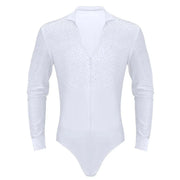 Men Stand Collar Shiny V-neck Dance Gymnastics Leotards Latin Ballroom Tango Rumba Dance Bodysuits - DancerInn
