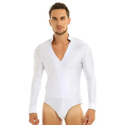 Men Stand Collar Shiny V-neck Dance Gymnastics Leotards Latin Ballroom Tango Rumba Dance Bodysuits - DancerInn