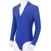Men Stand Collar Shiny V-neck Dance Gymnastics Leotards Latin Ballroom Tango Rumba Dance Bodysuits - DancerInn