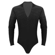 Men Stand Collar Shiny V-neck Dance Gymnastics Leotards Latin Ballroom Tango Rumba Dance Bodysuits - DancerInn