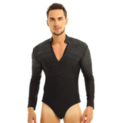 Men Stand Collar Shiny V-neck Dance Gymnastics Leotards Latin Ballroom Tango Rumba Dance Bodysuits - DancerInn