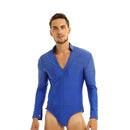 Gymnastics Leotards Long Sleeve & Dance Leotards for Men with Rhinestones Mesh Fabric Suit Latin Ballroom Tango Rumba - blue / XL