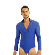 Men Stand Collar Shiny V-neck Dance Gymnastics Leotards Latin Ballroom Tango Rumba Dance Bodysuits - DancerInn