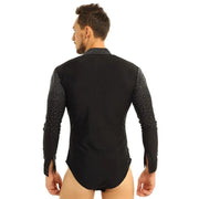 Men Stand Collar Shiny V-neck Dance Gymnastics Leotards Latin Ballroom Tango Rumba Dance Bodysuits - DancerInn