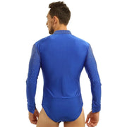 Men Stand Collar Shiny V-neck Dance Gymnastics Leotards Latin Ballroom Tango Rumba Dance Bodysuits - DancerInn