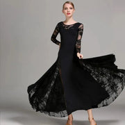 Women Hollow Lace Stitching Boat Neck Long Sleeves Waltz Dress Standard Ballroom Dance Costume Ball Dress Dance Clothes - DancerInn