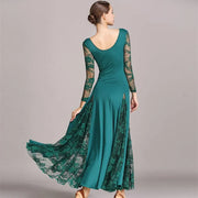 Women Hollow Lace Stitching Boat Neck Long Sleeves Waltz Dress Standard Ballroom Dance Costume Ball Dress Dance Clothes - DancerInn