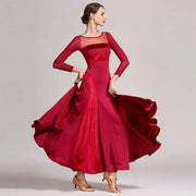 Women Velvet Perspective Stitching Elastic Elegant Waltz Ballroom Dress Ball Gown Dance Clothing YL9047 - DancerInn