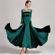 Women Velvet Perspective Stitching Elastic Elegant Waltz Ballroom Dress Ball Gown Dance Clothing YL9047 - DancerInn
