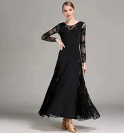 Women Hollow Lace Stitching Boat Neck Long Sleeves Waltz Dress Standard Ballroom Dance Costume Ball Dress Dance Clothes - DancerInn