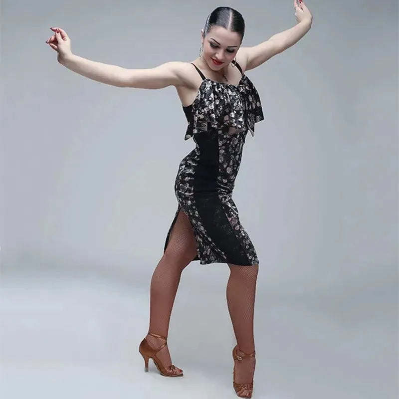 Black Floral Prom Dress Ruffles , Prom Dresses Open Back | DancerInn