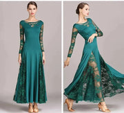 Women Hollow Lace Stitching Boat Neck Long Sleeves Waltz Dress Standard Ballroom Dance Costume Ball Dress Dance Clothes - DancerInn