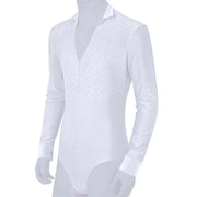 Men Stand Collar Shiny V-neck Dance Gymnastics Leotards Latin Ballroom Tango Rumba Dance Bodysuits - DancerInn
