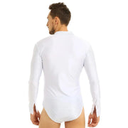 Men Stand Collar Shiny V-neck Dance Gymnastics Leotards Latin Ballroom Tango Rumba Dance Bodysuits - DancerInn