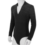 Men Stand Collar Shiny V-neck Dance Gymnastics Leotards Latin Ballroom Tango Rumba Dance Bodysuits - DancerInn