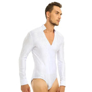 Men Stand Collar Shiny V-neck Dance Gymnastics Leotards Latin Ballroom Tango Rumba Dance Bodysuits - DancerInn