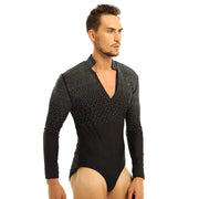 Men Stand Collar Shiny V-neck Dance Gymnastics Leotards Latin Ballroom Tango Rumba Dance Bodysuits - DancerInn