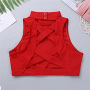 Girls Sleeveless Mock Neck Criss Cross Back Dance Crop Top Kid Dance Bra Tops - DancerInn