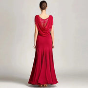 Women Special Neck Design Gauze Joint Lace Short Sleeves Long Hemline Ballroom Waltz Dresses for Foxtrot Flamenco Dance - DancerInn