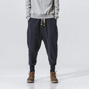 Pantalones holgados para hombre, pantalones harén para hombre, pantalones de lino y algodón de color liso, estilo hip hop japonés para hombre - S / Azul marino
