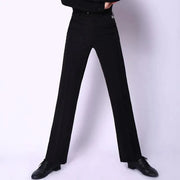 Men Black Straight Slim-Fit Anti-Wrinkle Latin Modern Ballroom Dance Pants with Pocket Belt - DancerInn