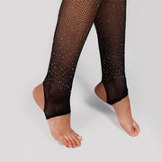 Women Rhinestone Stirrup Fishnet Tights Diamond Glitter Pantyhose Glisten Fishing Net Stockings Dance Stirrup Tights - DancerInn