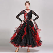 Women’s Black and Red Long Sleeves Ballroom Dance Dress with Exquisite Decals - DancerInn