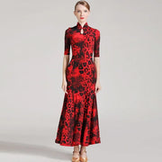 Women Leopard Short Sleeves Big A Hemline Spandex Latin Ballroom Dress Ball Gown Tango Costume YL7009 - DancerInn