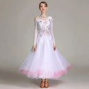 Robe de bal brodée à fleurs Robe de bal brodée à manches longues pour danse de salon - blanc / S