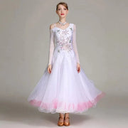 Women Flower Embroidery Finger Holder White Ballroom Dance Competition Dress Waltz Evening Party Dress Ball Gown - DancerInn