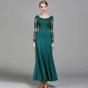 Women Hollow Lace Stitching Big Swing Party Dress Rumba Dance Costumes Waltz Dance Dresses Ballroom Gown - DancerInn